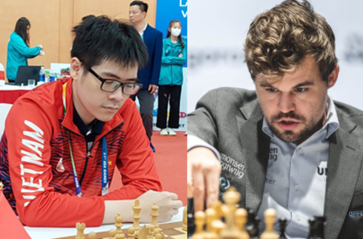 Tuấn Minh (áo đỏ) thắng chấn động Carlsen (vest) ở giải đấu cờ vua trực tuyến thế giới diễn ra vào thứ Ba