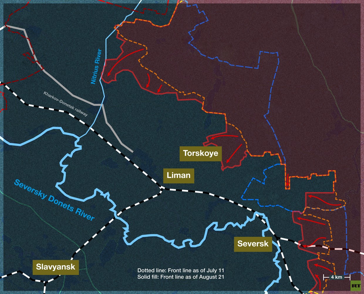 Bản đồ các bước tiến của Nga ở mặt trận Liman và Siversk (Nga gọi là Seversk). Ảnh: RT.