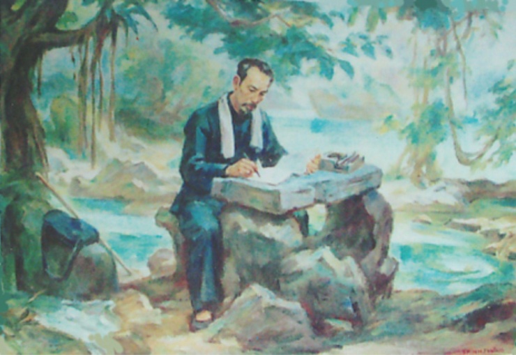 ''Bác Hồ làm việc tại Pác Bó'' - Tranh sơn dầu của Trịnh Phòng.