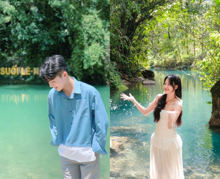 Suối Lê-Nin là một điểm đến hấp dẫn với nhiều du khách Gen Z. Ảnh: Bùi Vi Khanh&nbsp;(trái) và Phạm Văn Phong (phải).