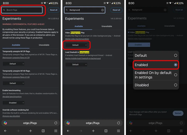 Các bước bật tính năng ẩn Video Background Play trên Edge.