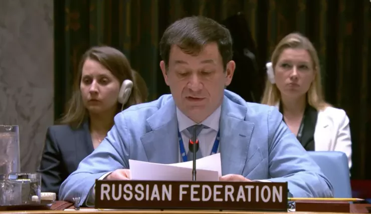 Phó Đại sứ Nga tại LHQ Dmitry Polyanskiy tại cuộc họp của HĐBA LHQ hôm 29-8. Ảnh chụp màn hình UN News