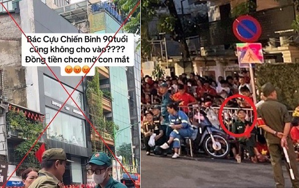 Nội dung đăng tải sai sự thật khác với hình ảnh bác cựu chiến binh (khoanh đỏ) được bố trí ghế ngồi trước hàng rào bảo vệ xem buổi sơ duyệt. Ảnh: CAHN.