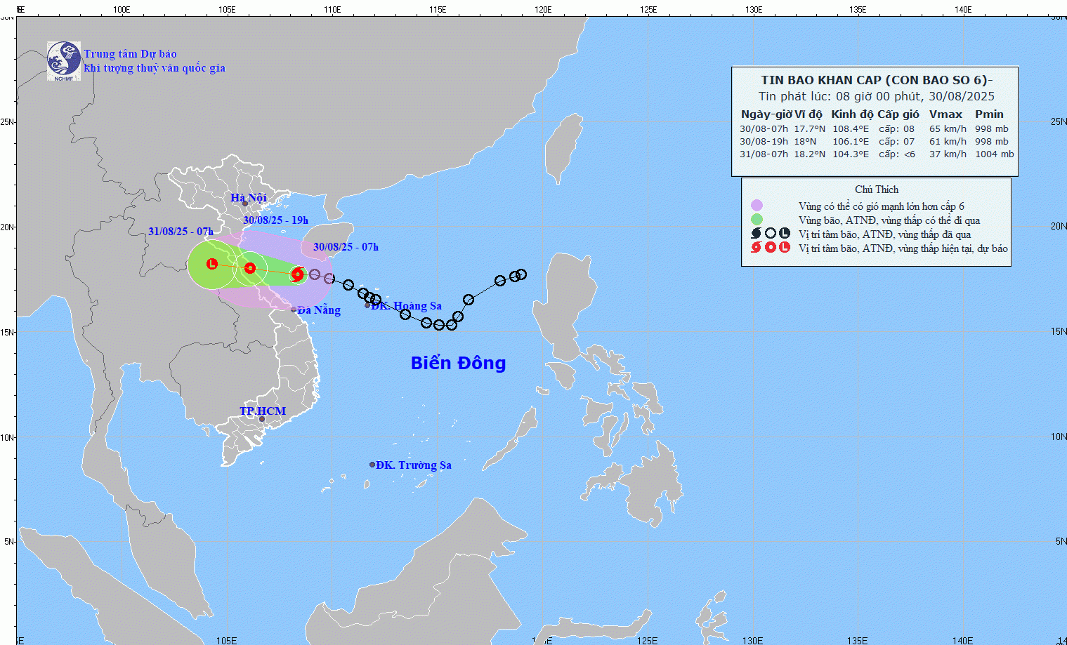 Các chuyên gia nhận định, bão số 6 mạnh cấp 8, ít khả năng mạnh lên cấp 9. Nguồn: NCHMF