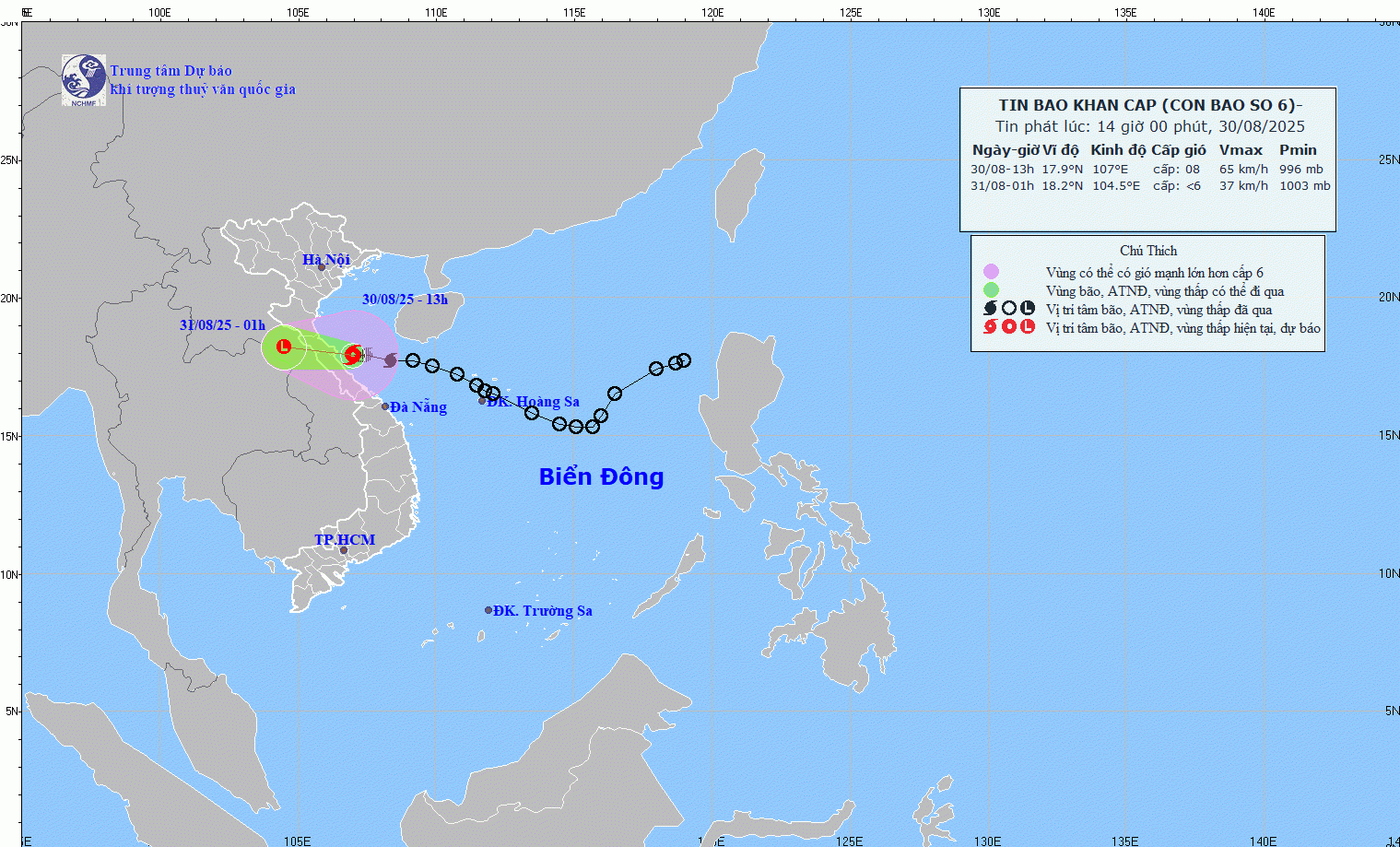 Bão số 6 tiến sát bờ biển các tỉnh Hà Tĩnh đến Quảng Trị.