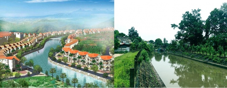 Phối ảnh dự án Khu đô thị mới ven sông Hạc (trái) và hiện tại. Ảnh: CTV