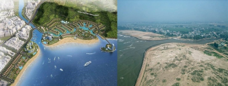 Phối cảnh Khu du lịch sinh thái biển Sầm Sơn (trái) và hiện tại. Ảnh: CTV