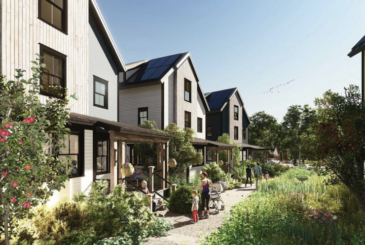 Bản phối cảnh của Veridian tại Country Farm, một cộng đồng net-zero với hệ thống điện mặt trời trên mái. Ảnh: Thrive Collective