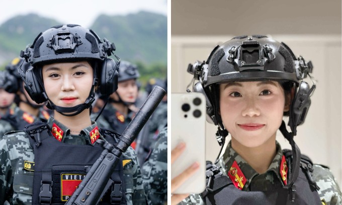 Phan Nhung (trái) và Huyền Trang trong hàng ngũ khối nữ Cảnh sát đặc nhiệm. Ảnh: Nhân vật cung cấp