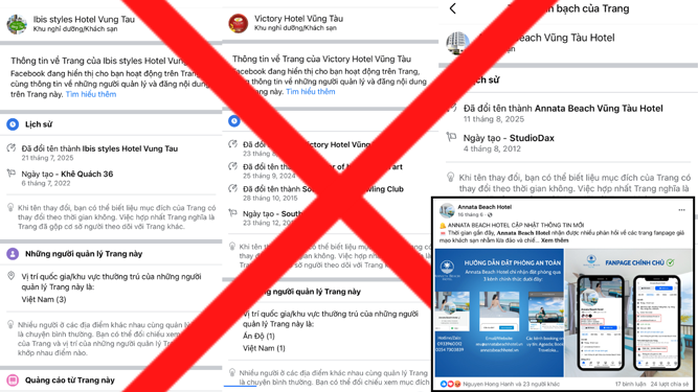 Một số fanpage giả mạo chỉ vừa đổi tên trong thời gian ngắn. Ảnh nhỏ: Một khách sạn chính chủ đăng bài cảnh báo về việc fanpage bị giả mạo .Ảnh chụp từ màn hình: TR.NGUYỄN