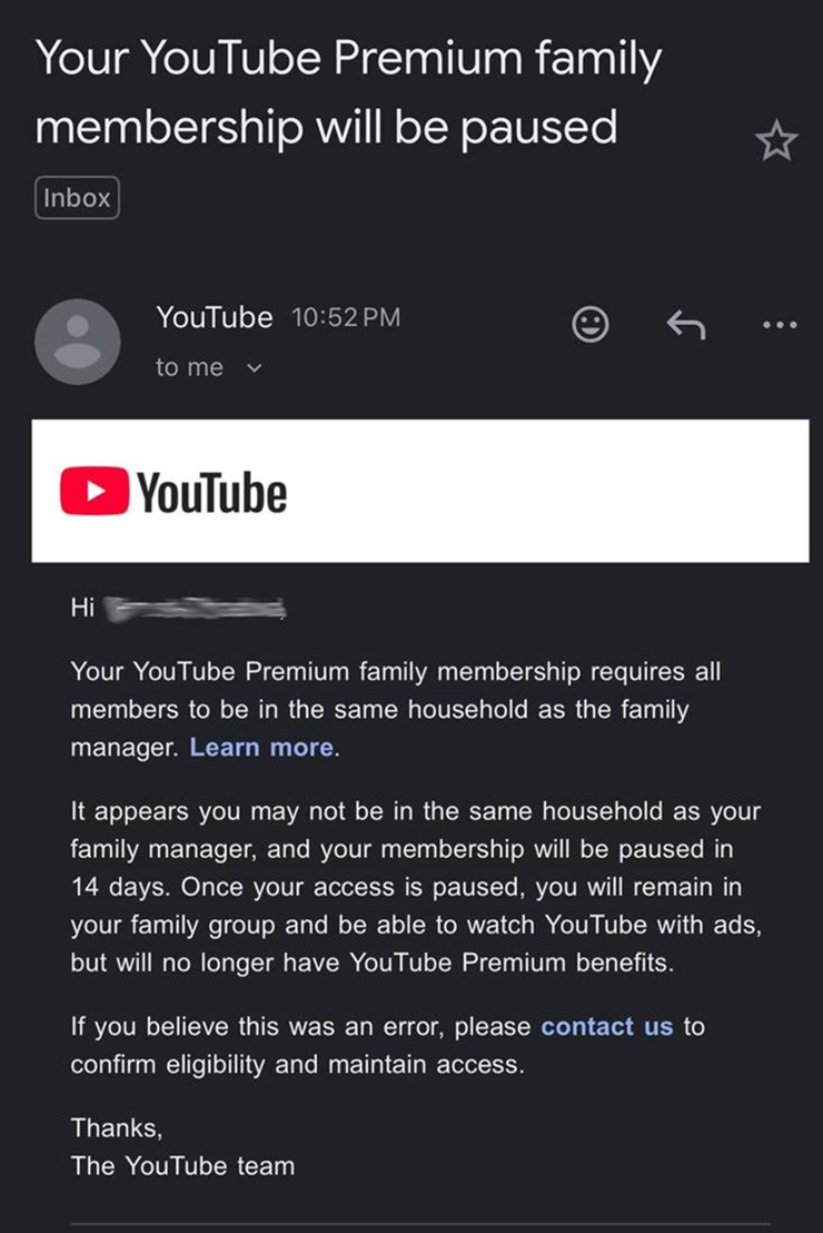 Email thông báo tạm ngừng dịch vụ gói Premium gia đình của YouTube.