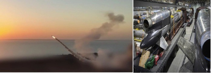 Tên lửa hành trình tầm xa Flamingo của Ukraine (trái) ngày 30-8 khai hoả về phía bán đảo Crimea do Nga kiểm soát. Tên lửa hành trình Flamingo của Ukraine (phải) tại một cơ sở lắp ráp bí mật. Ảnh: Chính phủ Ukraine.