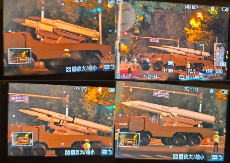 Bốn loại tên lửa chống hạm YJ-15, YJ-17, YJ-19 và YJ-20 được cho là đã xuất hiện trong các buổi tập luyện cho lễ duyệt binh ở Trung Quốc ngày 3-9 tới. Ảnh: X