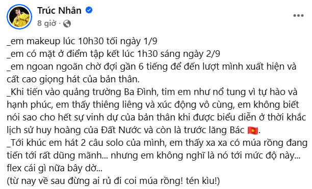 "Con xin nhận 'nghiệp' này từ trời đất trả lại cho con! Sau bao tháng ngày con che mặt dancer" - Trúc Nhân ngậm ngùi chia sẻ.