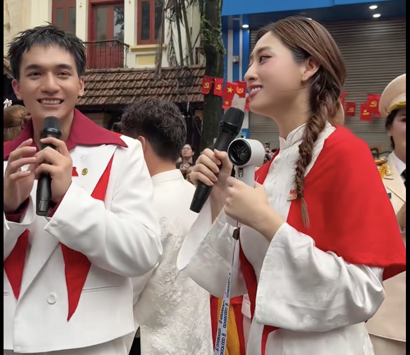 Lương Thùy Linh và nam chính "Mưa đỏ" Đỗ Nhật Hoàng.