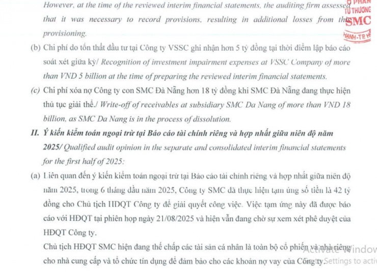 SMC giải trình lỗ trong nửa đầu năm 2025 sau soát xét gia tăng so với báo cáo tự lập. Nguồn: BCTC