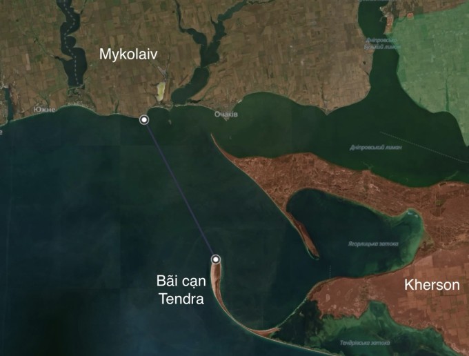Vị trí bãi cạn Tendra, Mykolaiv và khu vực Nga kiểm soát tại Kherson. Đồ họa: DeepState