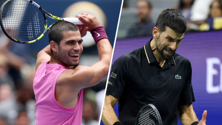 Alcaraz (áo hồng) đã chuẩn bị tinh thần đấu Djokovic (áo đen) ngay từ khi biết tin "nằm cùng nhánh" đàn anh