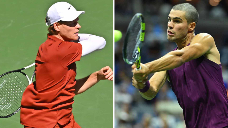 Alcaraz (áo tím) muốn gặp Sinner (áo cam) ở trận chung kết US Open phải vượt qua người đàn anh "The Djoker"