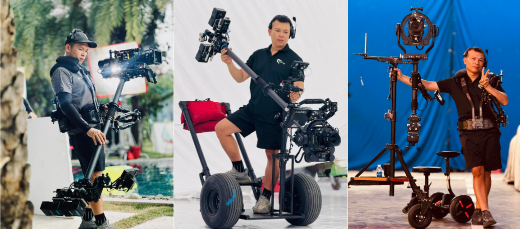 Anh Lê Bảo Hân cùng thiết bị Steadicam trị giá hàng tỷ đồng. Ảnh: FBNV.