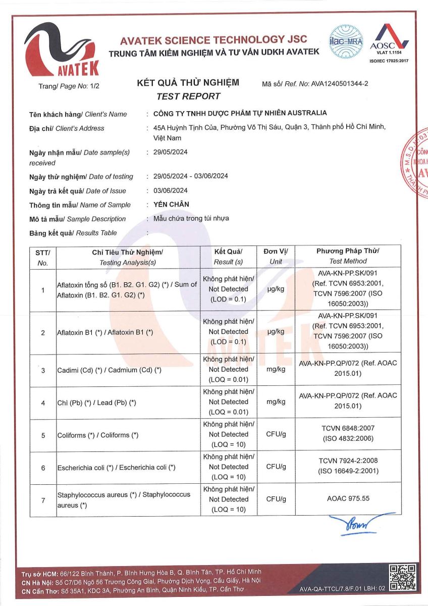 Giấy kiểm nghiệm chất lượng Yến từ trung tâm uy tín