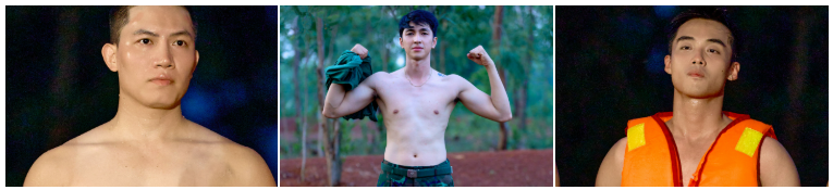 Các nam nghệ sĩ khoe body khi thực hiện thử thách vượt sông. 