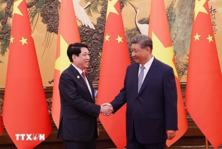 Chủ tịch nước Lương Cường trong cuộc hội đàm Chủ tịch nước Trung Quốc Tập Cận Bình. Ảnh: TTXVN