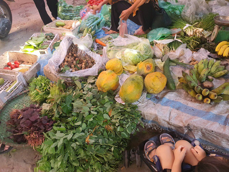 Sạp rau của bà Đào lèo tèo vài mớ rau ngót và rau dền vì đắt nên bà nhập về ít.