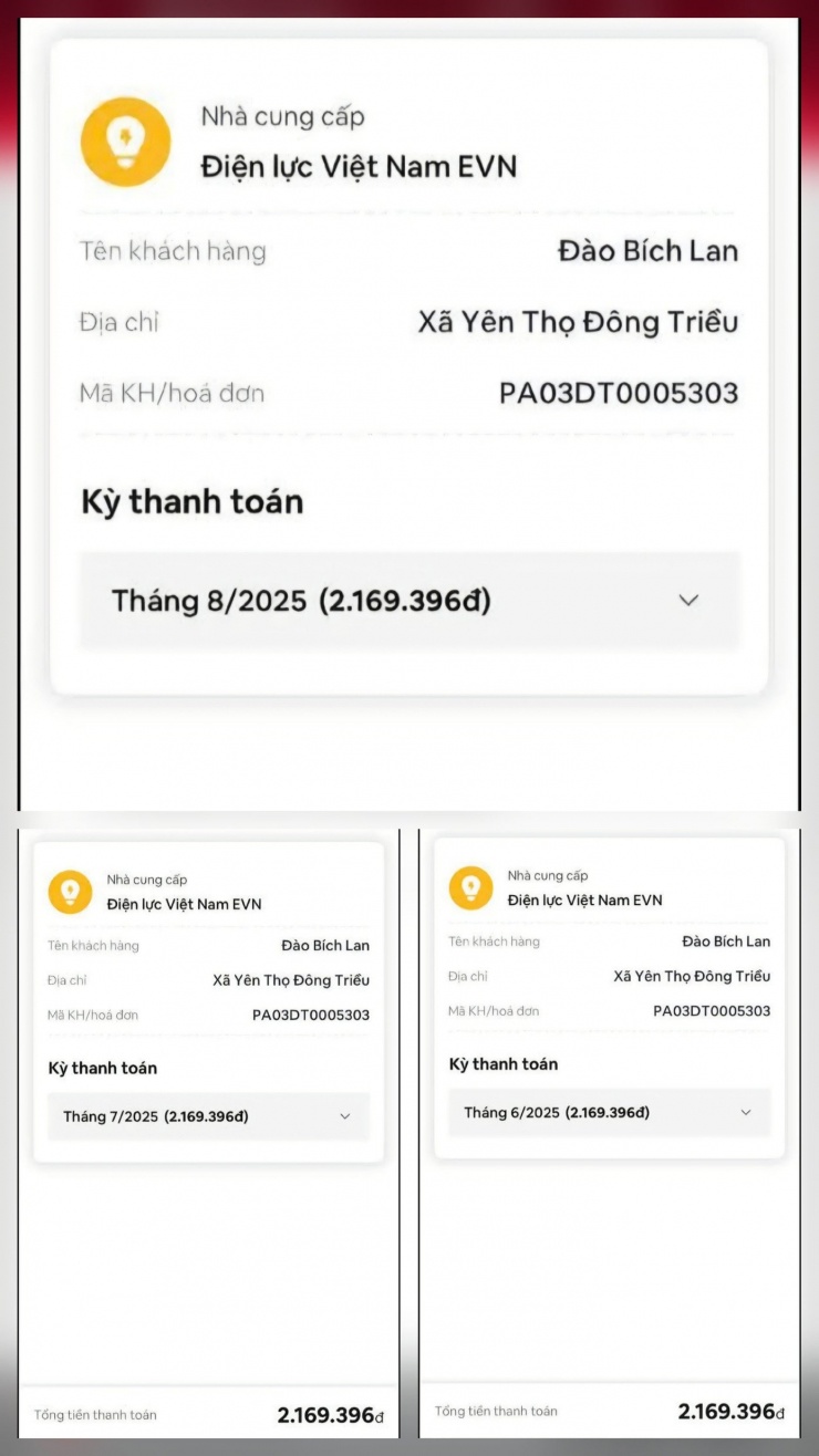 Hóa đơn tiền điện 3 tháng của bà Lan giống hệt nhau không khác 1 đồng.