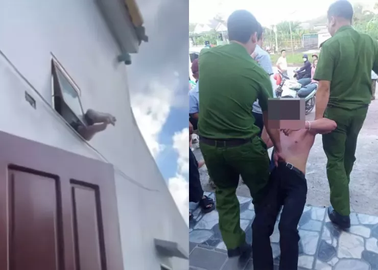 Người đàn ông mắc kẹt hai bàn chân ở phía bên ngoài khi chui qua lỗ thông gió bị công an đưa về xác minh làm rõ theo quy định. Ảnh: Cắt ra từ clip