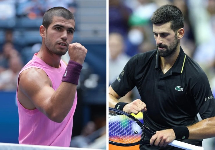 Alcaraz (áo hồng) khen ngợi Djokovic (áo đen) luôn giữ được sự quyết tâm khi thi đấu 