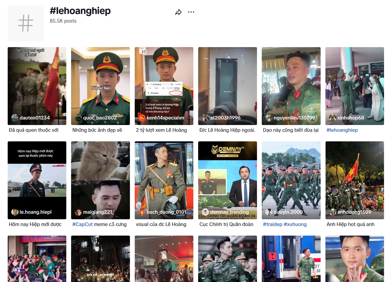 Một số clip gắn hashtag #lehoanghiep trên TikTok.