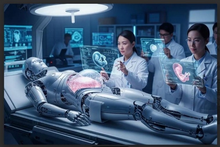 Các nhà khoa học Trung Quốc tuyên bố robot mang thai hộ hình người có thể sớm sinh con (Hình ảnh do AI tạo ra).