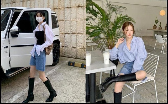 Công thức diện sơ mi đẹp chuẩn như gái Hàn bao gồm sơ mi, quần shorts và boots cao.