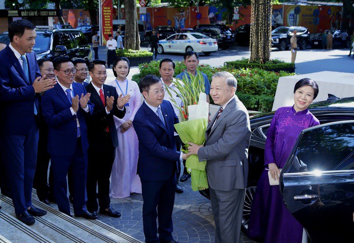 Tổng Bí thư Tô Lâm tới dự Lễ đón nhận Huân chương Lao động hạng Nhất của Đài Truyền hình Việt Nam và Kỷ niệm 55 năm ngày phát sóng chương trình truyền hình đầu tiên. Ảnh: VTV