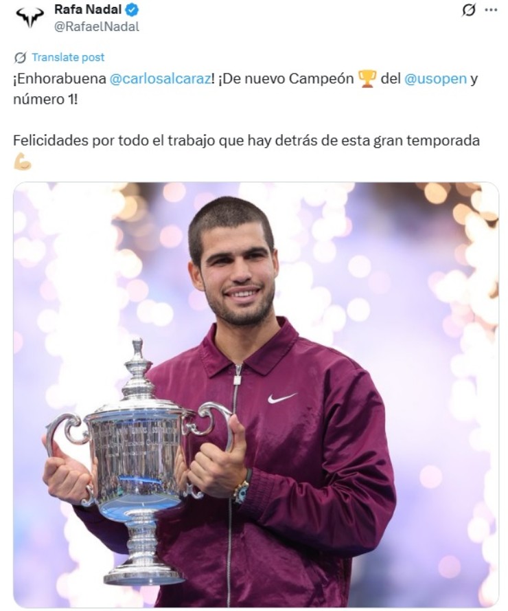 Rafael Nadal là một trong những người đầu tiên chúc mừng Alcaraz sau khi vô địch US Open 2025
