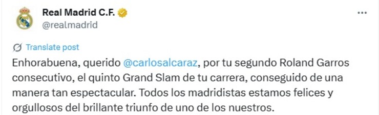 Real Madrid gửi lời chúc mừng tới Carlos Alcaraz
