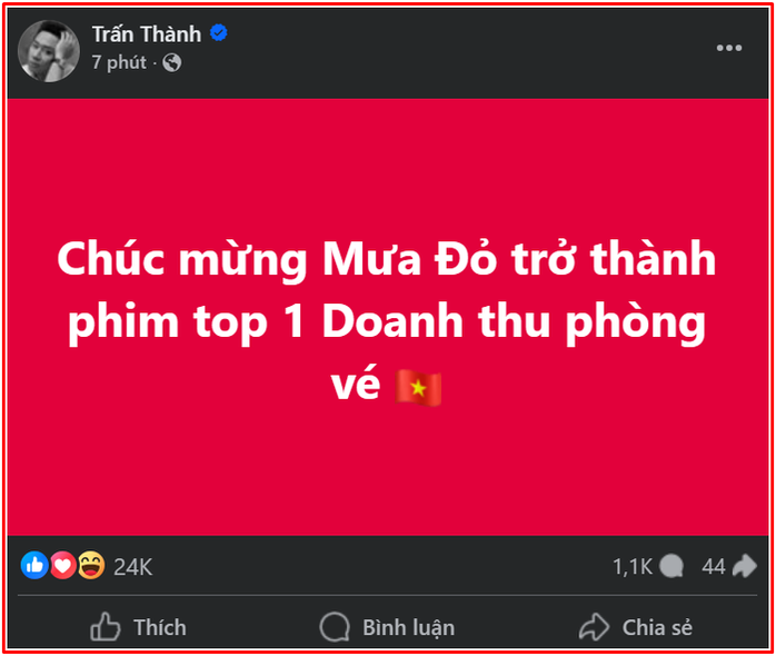 Trấn Thành chúc mừng thành tích "Mưa đỏ"