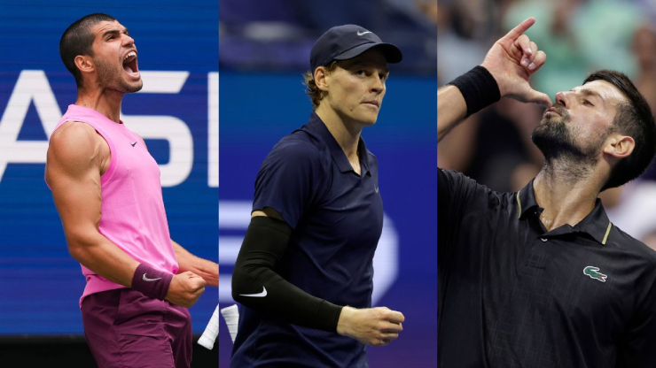 Sinner (người đứng giữa) phải nhường ngôi số 1 cho Alcaraz (bên trái), Djokovic (bên phải) trở lại top 4