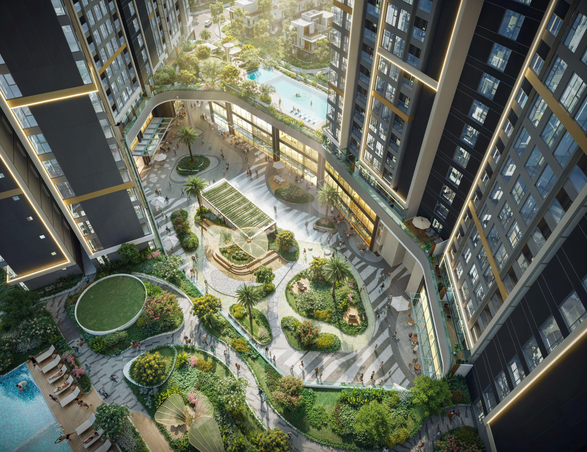 Tầm nhìn xuống cảnh quan nội khu đa chiểu từ Tower A - Masteri Rivera Danang