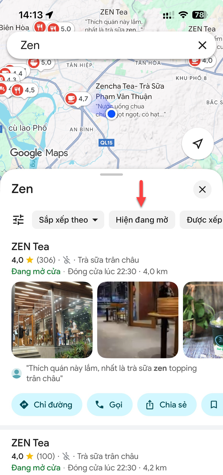 Bộ lọc dùng để tìm kiếm các địa điểm đang mở cửa của Google Maps.