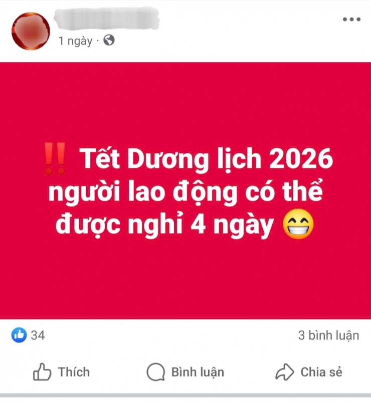 Mạng xã hội xuất hiện thông tin Tết Dương lịch 2026 có thể được nghỉ 4 ngày liên tiếp gây xôn xao.