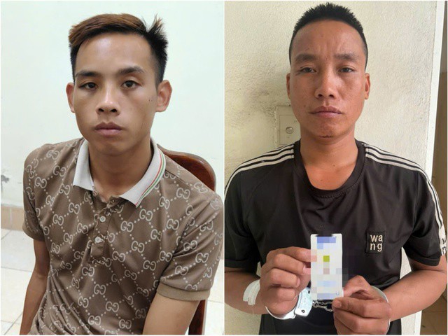 Đối tượng Trịnh Đình Long (áo nâu) và đối tượng Trịnh Đình Luân (áo đen) tại cơ quan công an.