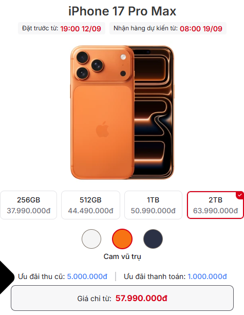 Giá bán niêm yết của iPhone 17 Pro Max.