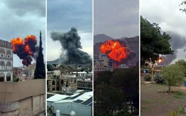Loạt vụ nổ ở Sanaa trong đòn không kích hôm 10/9 của Israel (ảnh: Times of Israel)
