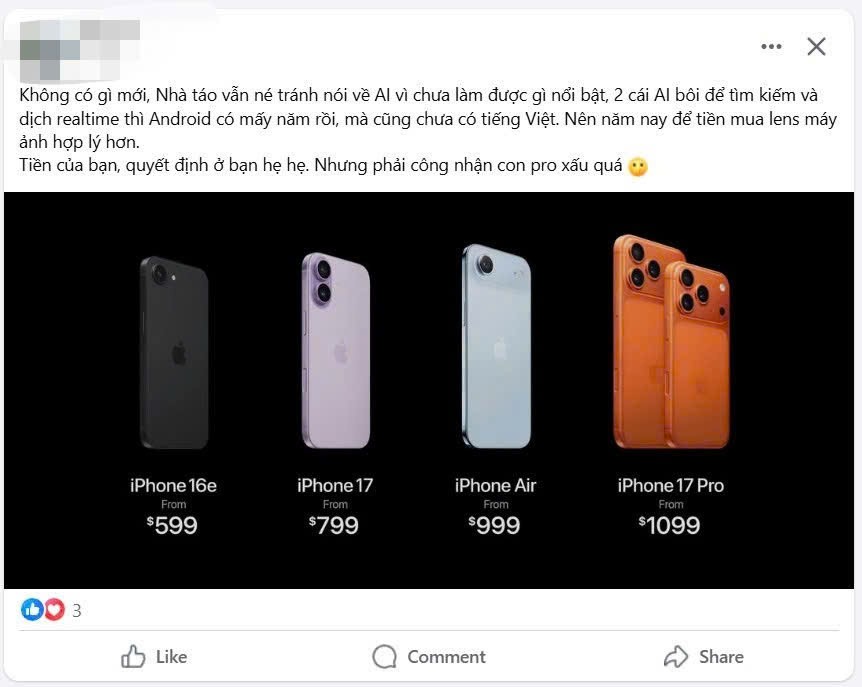 Một chia sẻ của người tiêu dùng về iPhone 17 series mới trình làng.