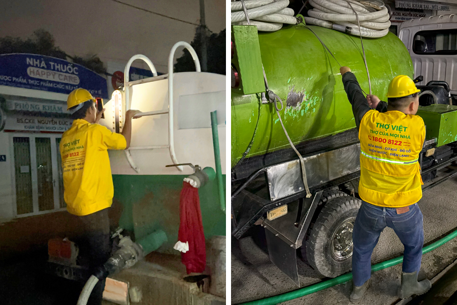 Đội thợ vệ sinh môi trường Thợ Việt thực hiện hút hầm cầu cho hộ gia đình tại TpHCM. Ảnh: Thợ Việt.