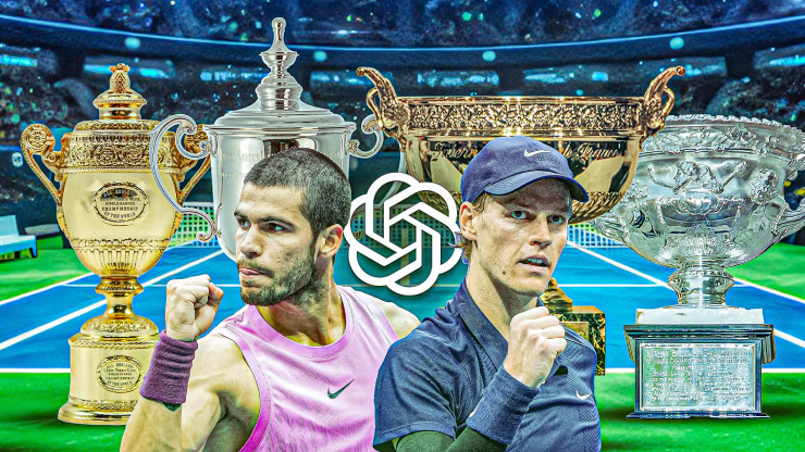 AI dự báo Alcaraz (áo hồng) có khoảng 21 tới 23 Grand Slam, trong khi con số của Sinner (áo xanh) là 12 tới 14 danh hiệu