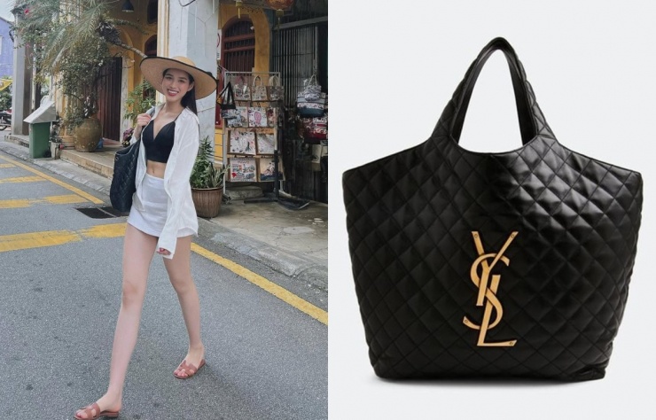 Người đẹp rảo bước trên phố cổ Hội An với chiếc Icare Maxi của Saint Laurent 3.990 USD (105,5 triệu đồng). Cô cho biết thích dùng túi lớn khi đi du lịch trong nước vì đựng được nhiều đồ. Khi ở nước ngoài, cô lại ưu tiên túi nhỏ để tiện bảo quản.