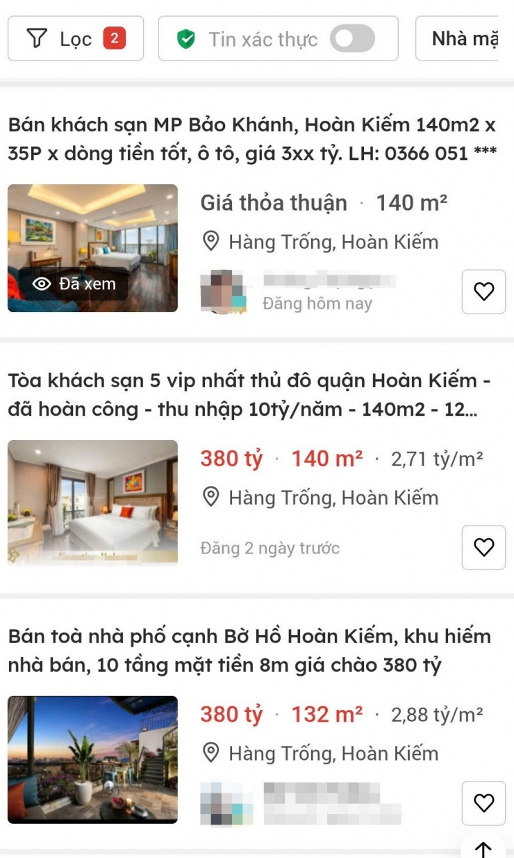 Thông tin rao bán nhà tại khu phố cổ Hà Nội giá bán gần 3 tỷ đồng/m2. Ảnh chụp màn hình.